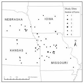 Fig. 1. Locations of high tunnel producers surveyed from Iowa, Kansas, Missouri, and Nebraska. (Map created by John T. Bauer, geographer at University of Nebraska – Kearney.)