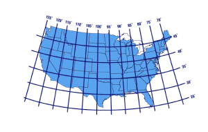Latitude and longitude of the contiguous United States.